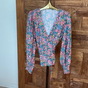 Like New - Kettlewell Floral Wrap Blouse with Puff Sleeves in Pink and Blue